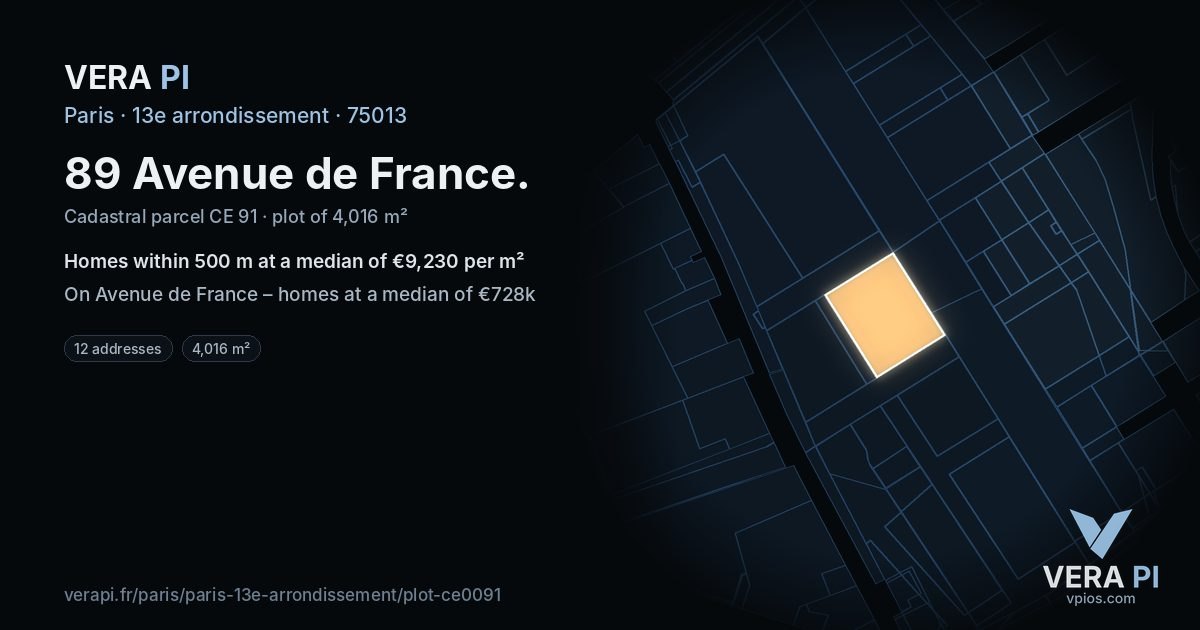 89 Avenue de France, 13e arrondissement at night – the plot lit, the parcels around coloured by the prices near them