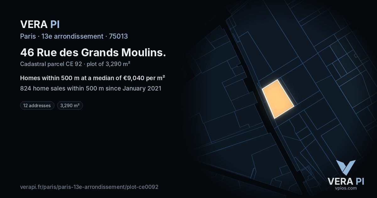 46 Rue des Grands Moulins, 13e arrondissement at night – the plot lit, the parcels around coloured by the prices near them
