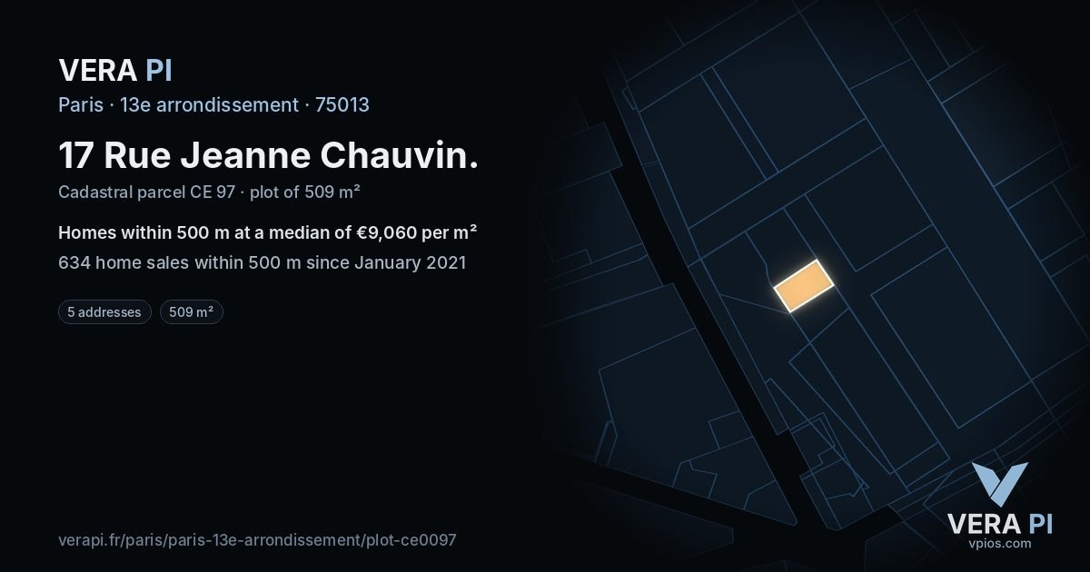 17 Rue Jeanne Chauvin, 13e arrondissement at night – the plot lit, the parcels around coloured by the prices near them