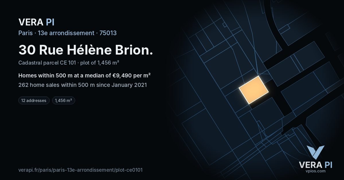 30 Rue Hélène Brion, 13e arrondissement at night – the plot lit, the parcels around coloured by the prices near them