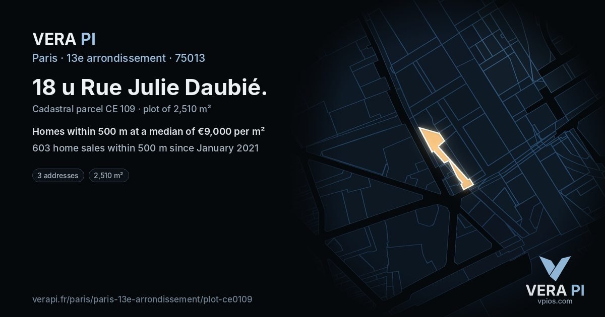 18 u Rue Julie Daubié, 13e arrondissement at night – the plot lit, the parcels around coloured by the prices near them