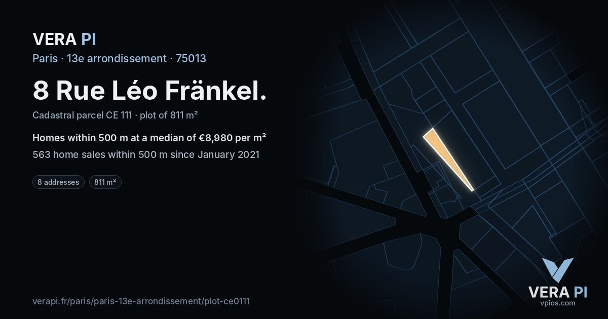 8 Rue Léo Fränkel, 13e arrondissement at night – the plot lit, the parcels around coloured by the prices near them