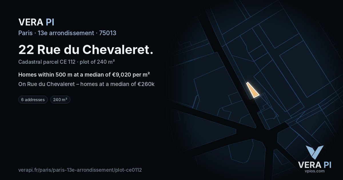22 Rue du Chevaleret, 13e arrondissement at night – the plot lit, the parcels around coloured by the prices near them
