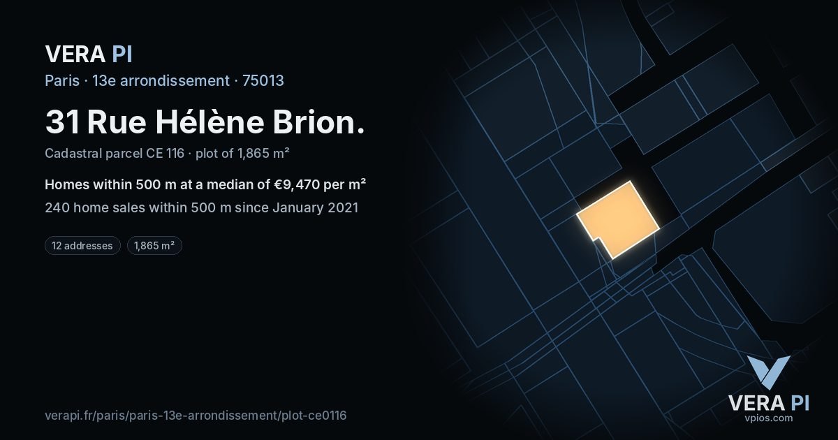 31 Rue Hélène Brion, 13e arrondissement at night – the plot lit, the parcels around coloured by the prices near them