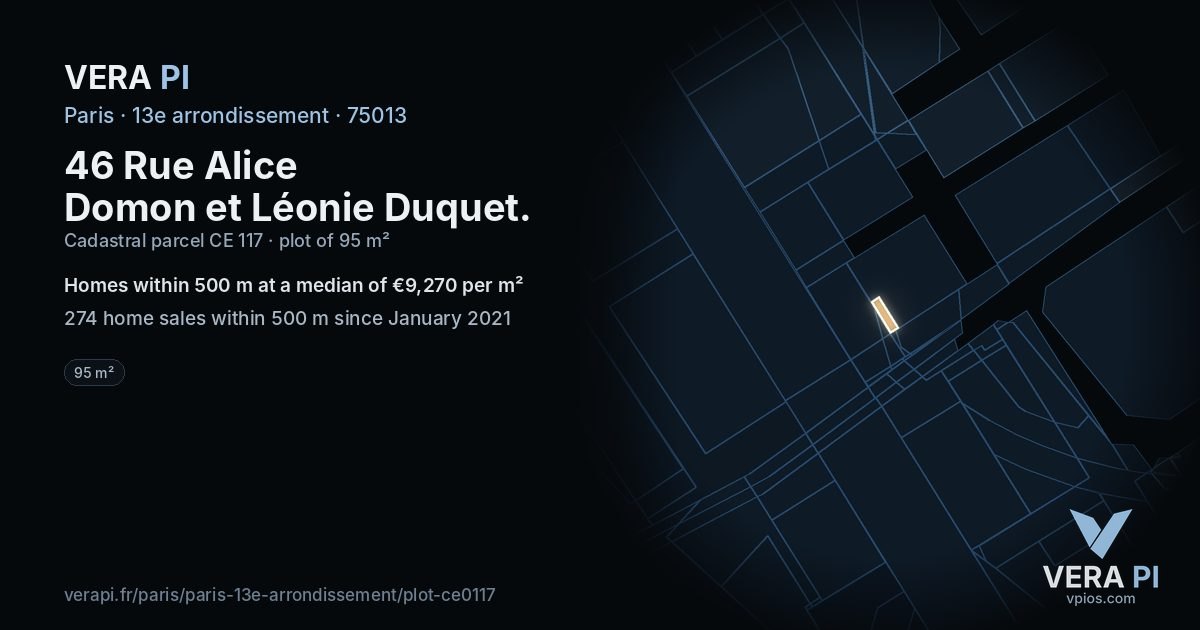 46 Rue Alice Domon et Léonie Duquet, 13e arrondissement at night – the plot lit, the parcels around coloured by the prices near them