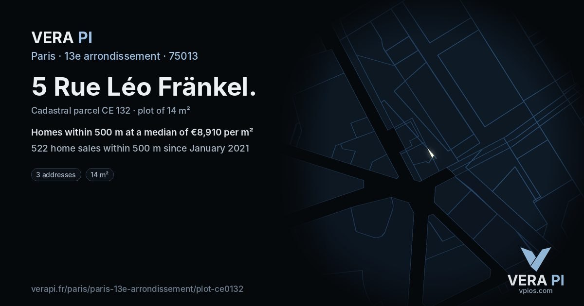 5 Rue Léo Fränkel, 13e arrondissement at night – the plot lit, the parcels around coloured by the prices near them