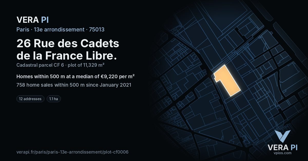 26 Rue des Cadets de la France Libre, 13e arrondissement at night – the plot lit, the parcels around coloured by the prices near them
