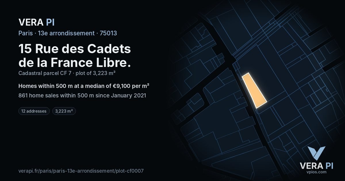 15 Rue des Cadets de la France Libre, 13e arrondissement at night – the plot lit, the parcels around coloured by the prices near them