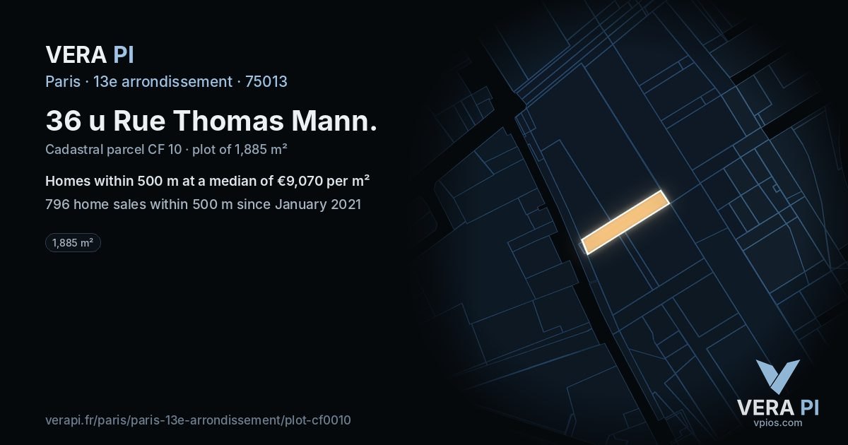 36 u Rue Thomas Mann, 13e arrondissement at night – the plot lit, the parcels around coloured by the prices near them