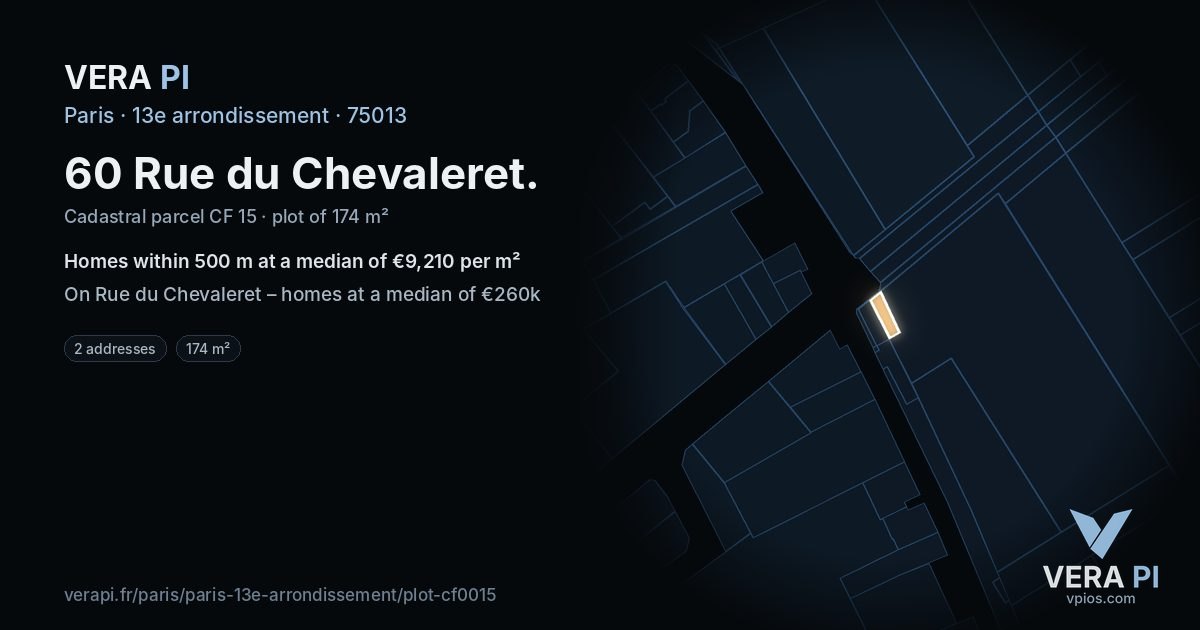 60 Rue du Chevaleret, 13e arrondissement at night – the plot lit, the parcels around coloured by the prices near them