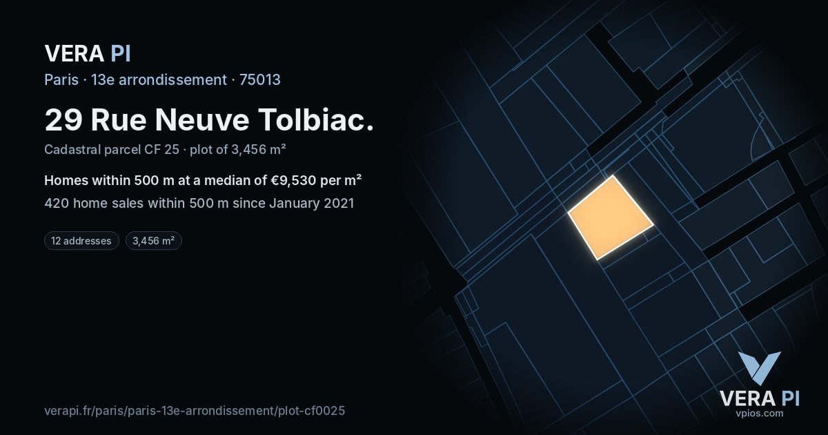 29 Rue Neuve Tolbiac, 13e arrondissement at night – the plot lit, the parcels around coloured by the prices near them