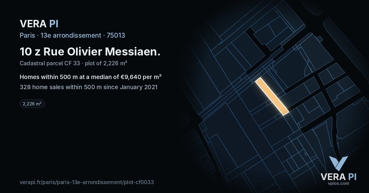 10 z Rue Olivier Messiaen, 13e arrondissement at night – the plot lit, the parcels around coloured by the prices near them