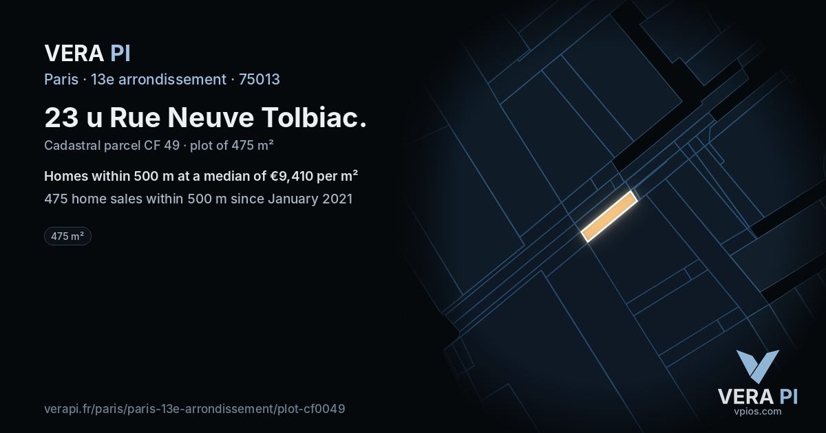 23 u Rue Neuve Tolbiac, 13e arrondissement at night – the plot lit, the parcels around coloured by the prices near them