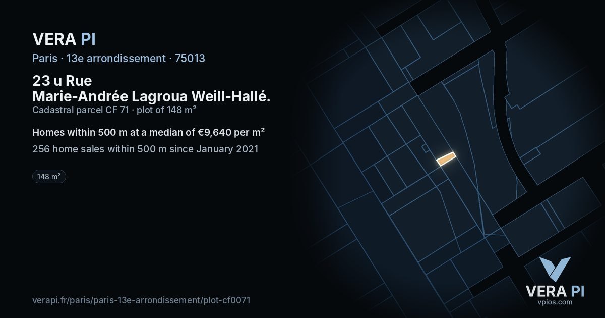 23 u Rue Marie-Andrée Lagroua Weill-Hallé, 13e arrondissement at night – the plot lit, the parcels around coloured by the prices near them