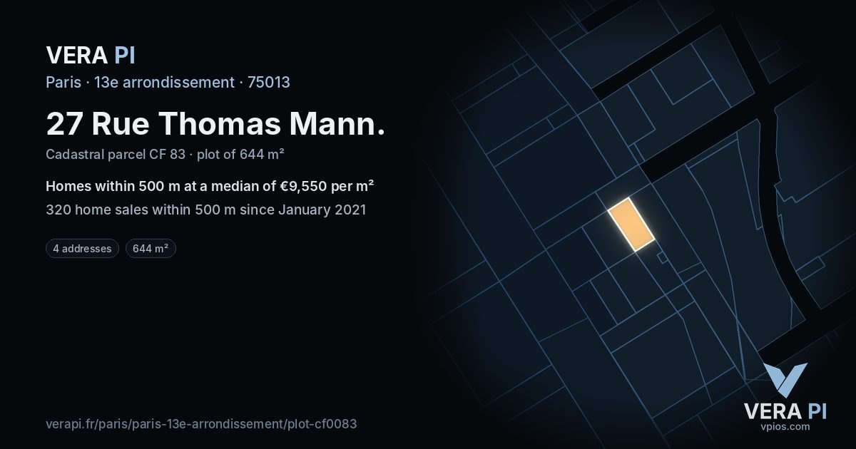 27 Rue Thomas Mann, 13e arrondissement at night – the plot lit, the parcels around coloured by the prices near them
