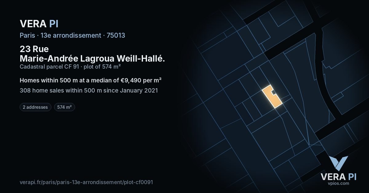 23 Rue Marie-Andrée Lagroua Weill-Hallé, 13e arrondissement at night – the plot lit, the parcels around coloured by the prices near them