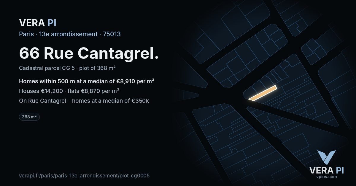 66 Rue Cantagrel, 13e arrondissement at night – the plot lit, the parcels around coloured by the prices near them