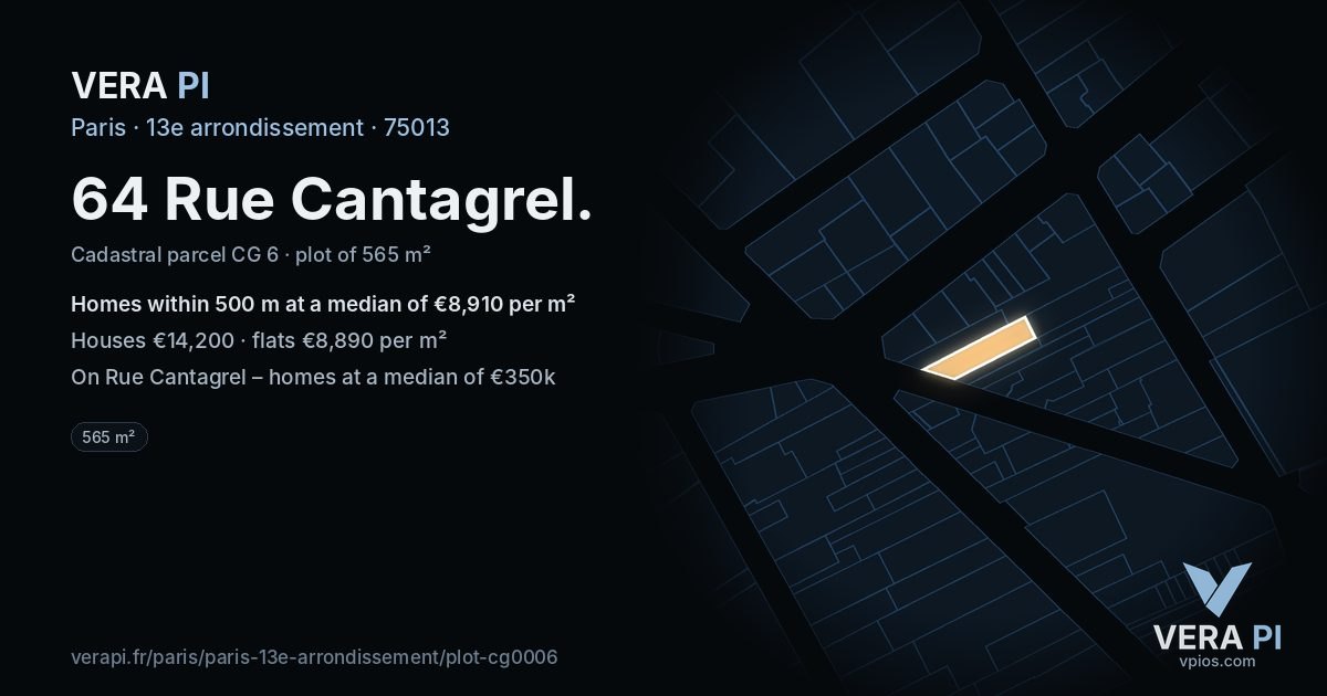 64 Rue Cantagrel, 13e arrondissement at night – the plot lit, the parcels around coloured by the prices near them