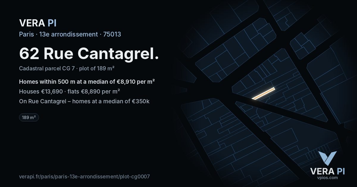 62 Rue Cantagrel, 13e arrondissement at night – the plot lit, the parcels around coloured by the prices near them