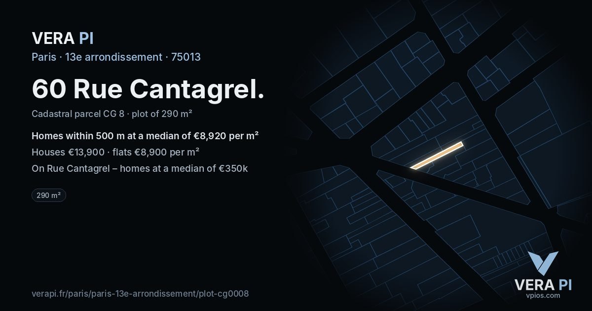 60 Rue Cantagrel, 13e arrondissement at night – the plot lit, the parcels around coloured by the prices near them