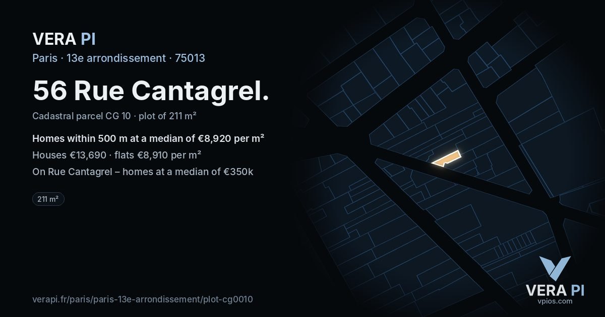 56 Rue Cantagrel, 13e arrondissement at night – the plot lit, the parcels around coloured by the prices near them