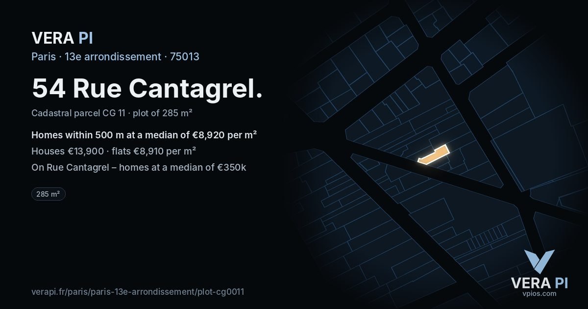 54 Rue Cantagrel, 13e arrondissement at night – the plot lit, the parcels around coloured by the prices near them