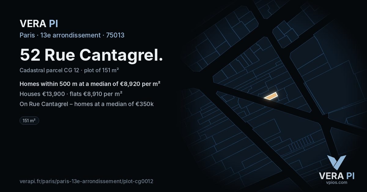 52 Rue Cantagrel, 13e arrondissement at night – the plot lit, the parcels around coloured by the prices near them