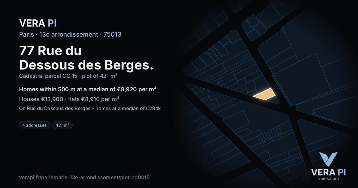 77 Rue du Dessous des Berges, 13e arrondissement at night – the plot lit, the parcels around coloured by the prices near them