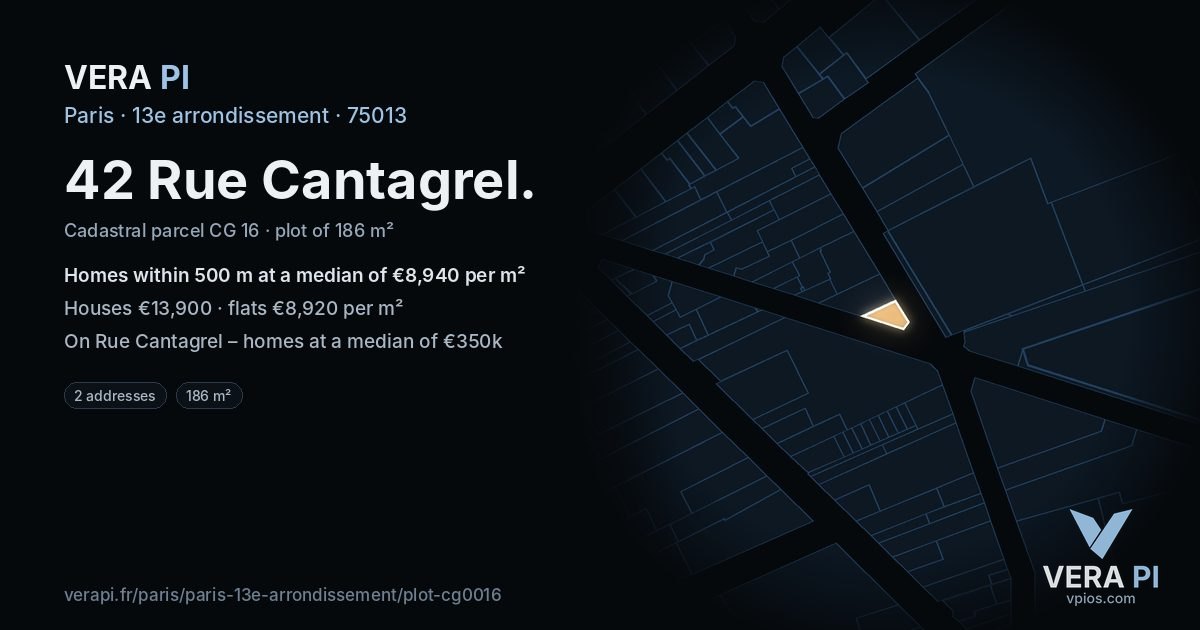 42 Rue Cantagrel, 13e arrondissement at night – the plot lit, the parcels around coloured by the prices near them