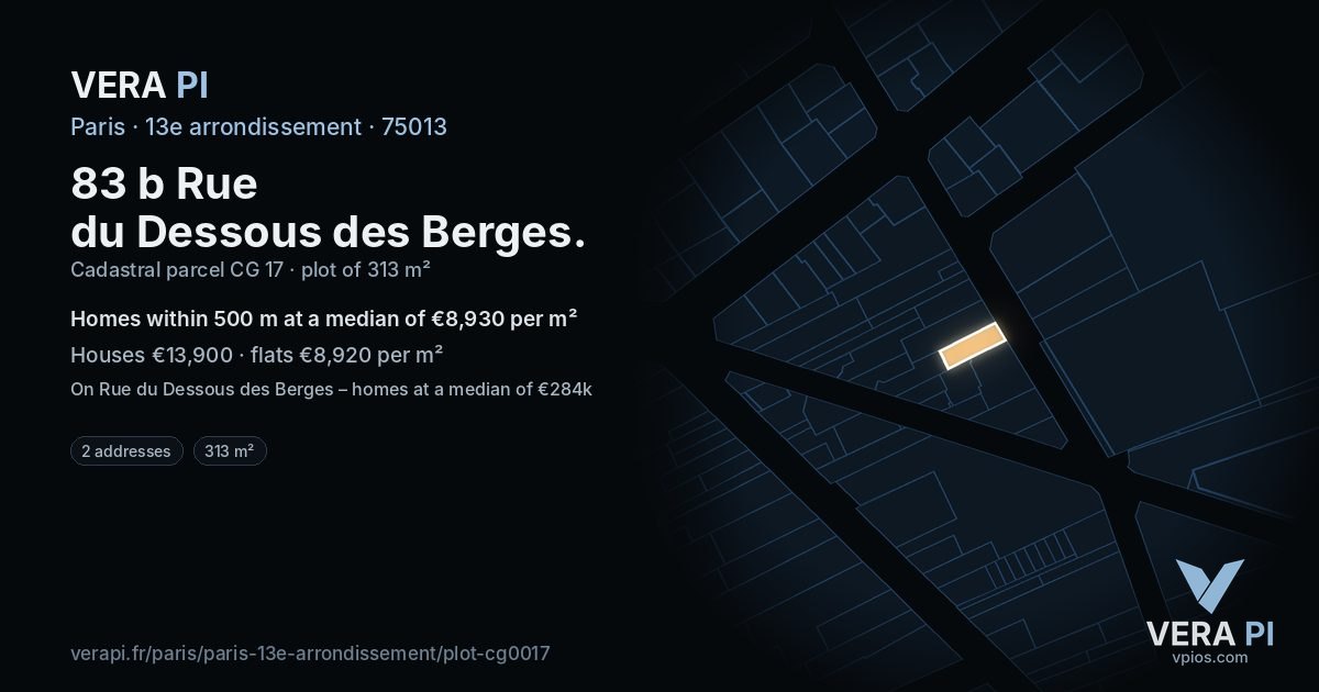 83 b Rue du Dessous des Berges, 13e arrondissement at night – the plot lit, the parcels around coloured by the prices near them