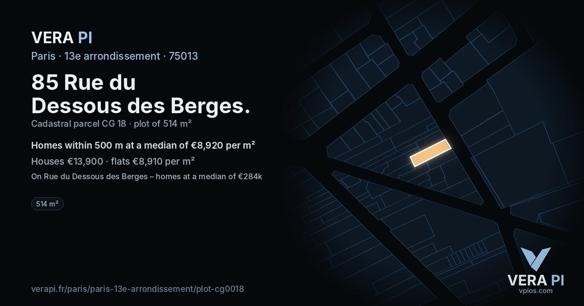 85 Rue du Dessous des Berges, 13e arrondissement at night – the plot lit, the parcels around coloured by the prices near them