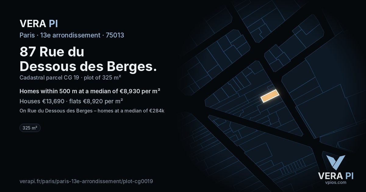 87 Rue du Dessous des Berges, 13e arrondissement at night – the plot lit, the parcels around coloured by the prices near them