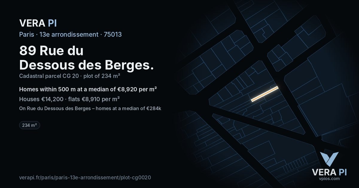 89 Rue du Dessous des Berges, 13e arrondissement at night – the plot lit, the parcels around coloured by the prices near them