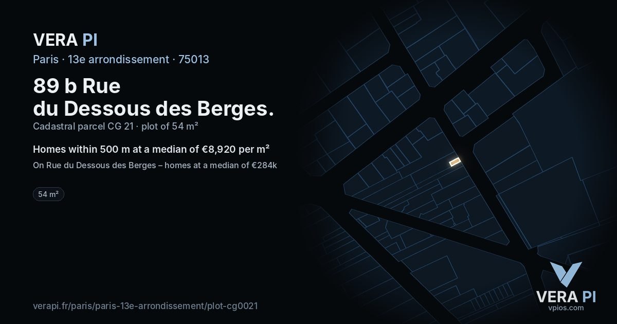 89 b Rue du Dessous des Berges, 13e arrondissement at night – the plot lit, the parcels around coloured by the prices near them