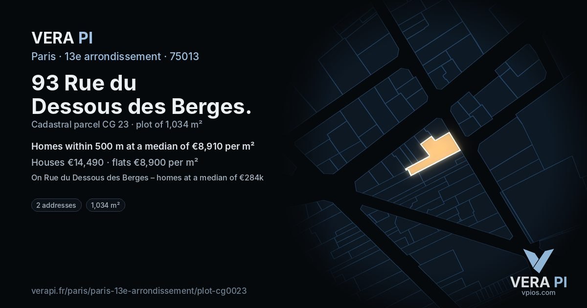 93 Rue du Dessous des Berges, 13e arrondissement at night – the plot lit, the parcels around coloured by the prices near them