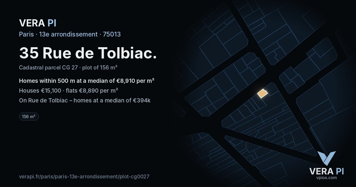 35 Rue de Tolbiac, 13e arrondissement at night – the plot lit, the parcels around coloured by the prices near them