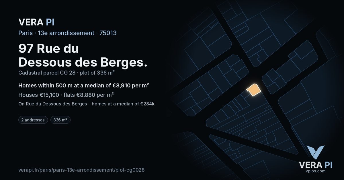 97 Rue du Dessous des Berges, 13e arrondissement at night – the plot lit, the parcels around coloured by the prices near them