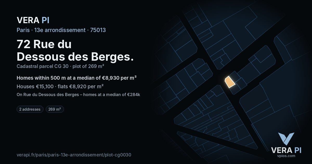 72 Rue du Dessous des Berges, 13e arrondissement at night – the plot lit, the parcels around coloured by the prices near them