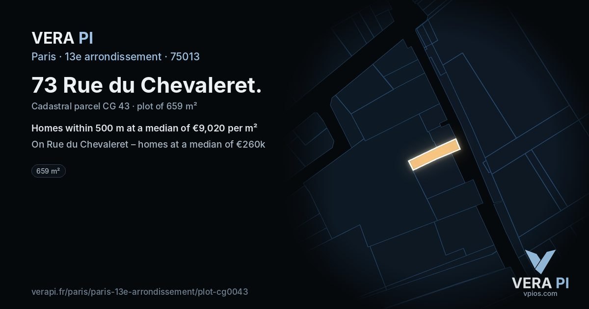 73 Rue du Chevaleret, 13e arrondissement at night – the plot lit, the parcels around coloured by the prices near them