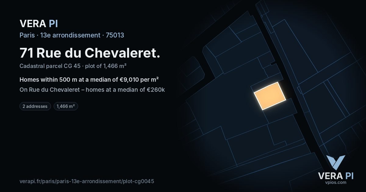 71 Rue du Chevaleret, 13e arrondissement at night – the plot lit, the parcels around coloured by the prices near them