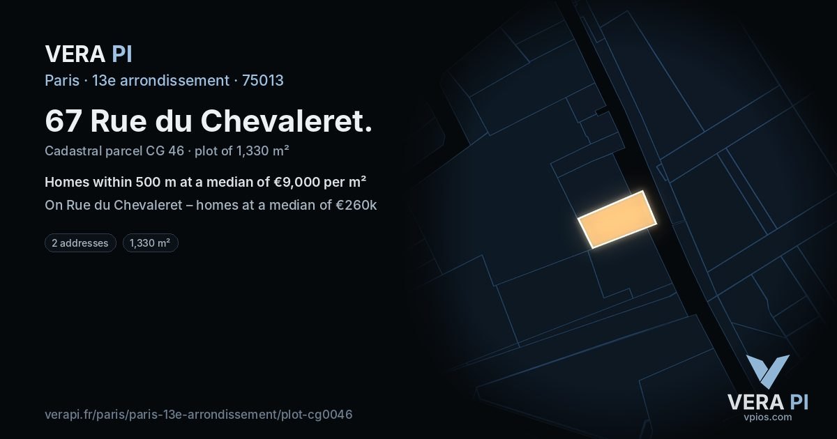 67 Rue du Chevaleret, 13e arrondissement at night – the plot lit, the parcels around coloured by the prices near them