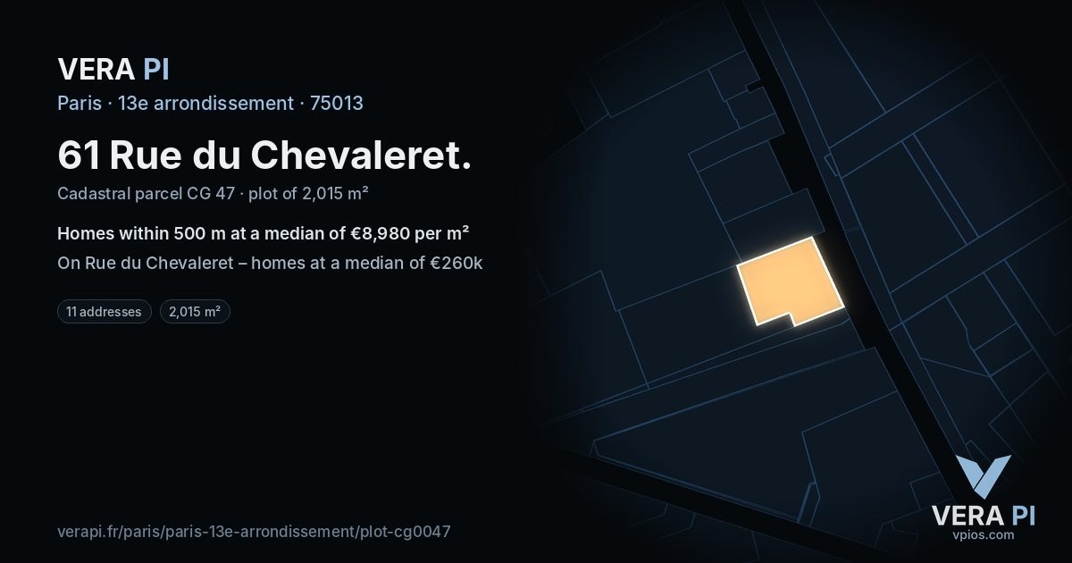 61 Rue du Chevaleret, 13e arrondissement at night – the plot lit, the parcels around coloured by the prices near them