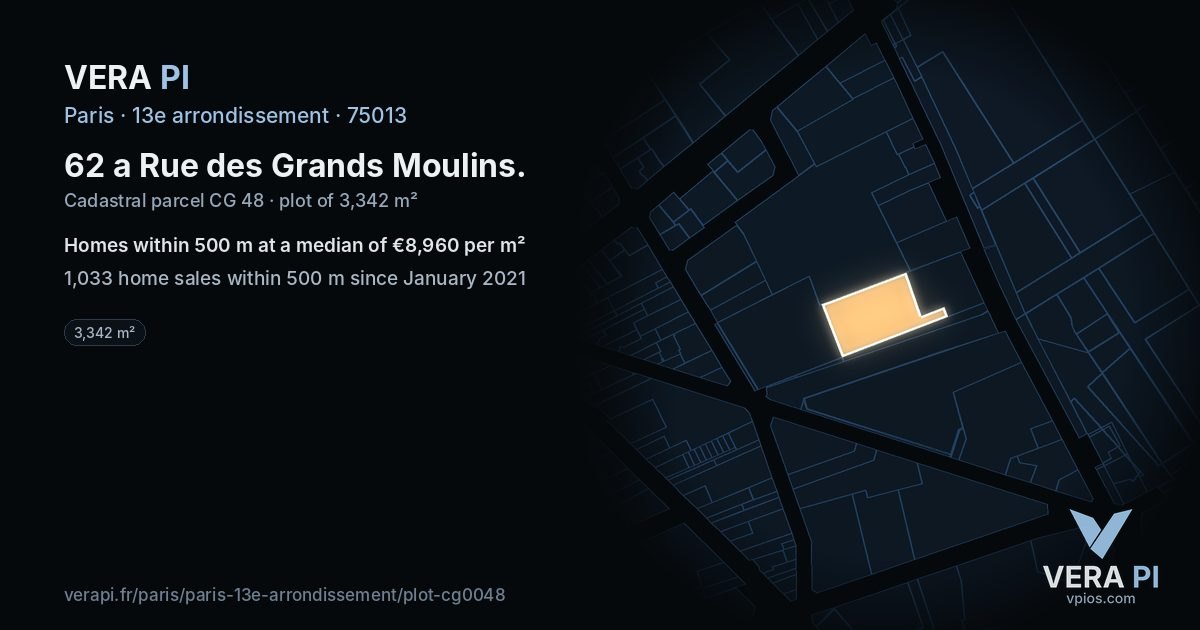 62 a Rue des Grands Moulins, 13e arrondissement at night – the plot lit, the parcels around coloured by the prices near them