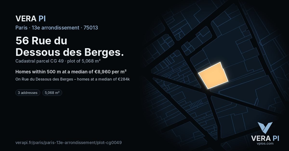 56 Rue du Dessous des Berges, 13e arrondissement at night – the plot lit, the parcels around coloured by the prices near them