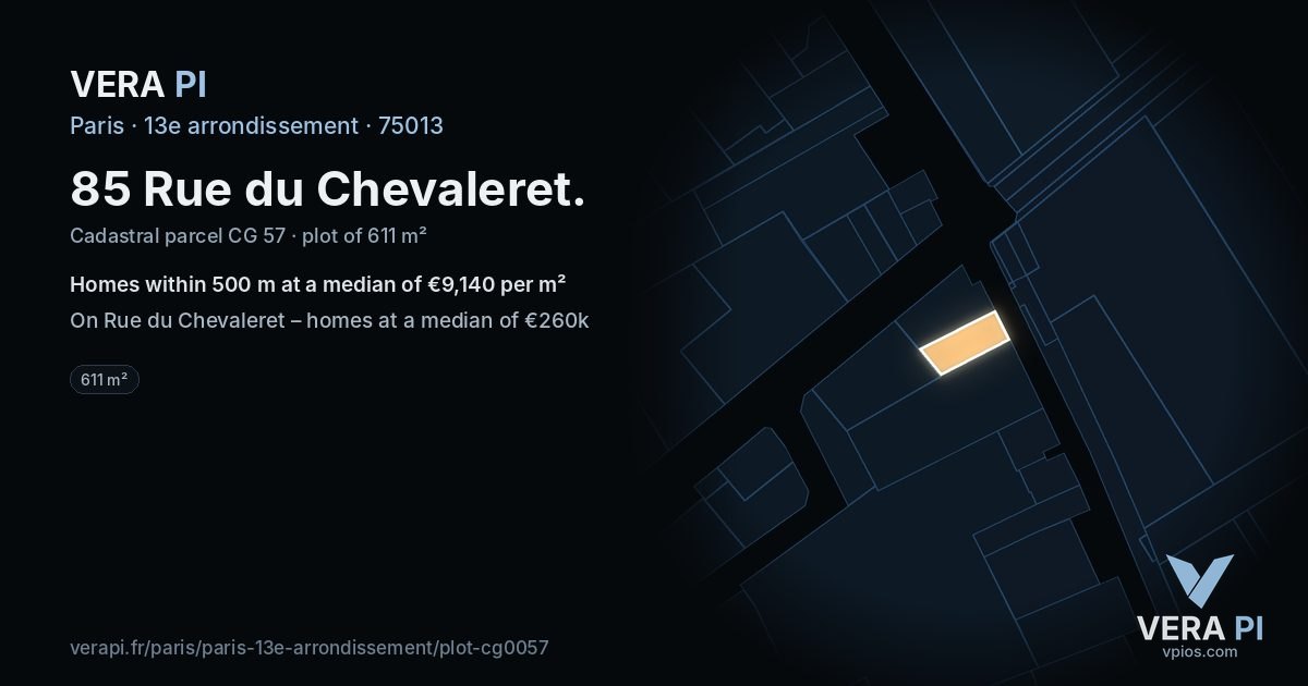 85 Rue du Chevaleret, 13e arrondissement at night – the plot lit, the parcels around coloured by the prices near them