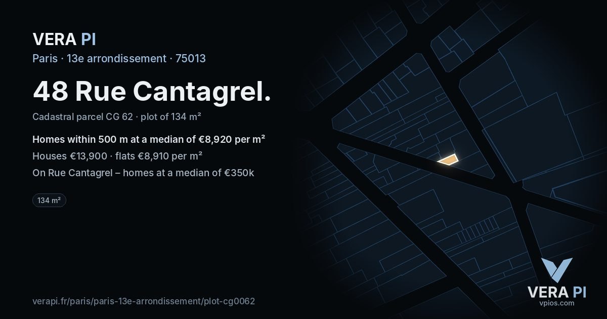 48 Rue Cantagrel, 13e arrondissement at night – the plot lit, the parcels around coloured by the prices near them
