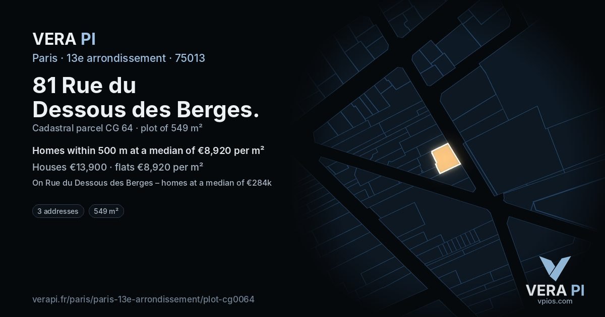 81 Rue du Dessous des Berges, 13e arrondissement at night – the plot lit, the parcels around coloured by the prices near them
