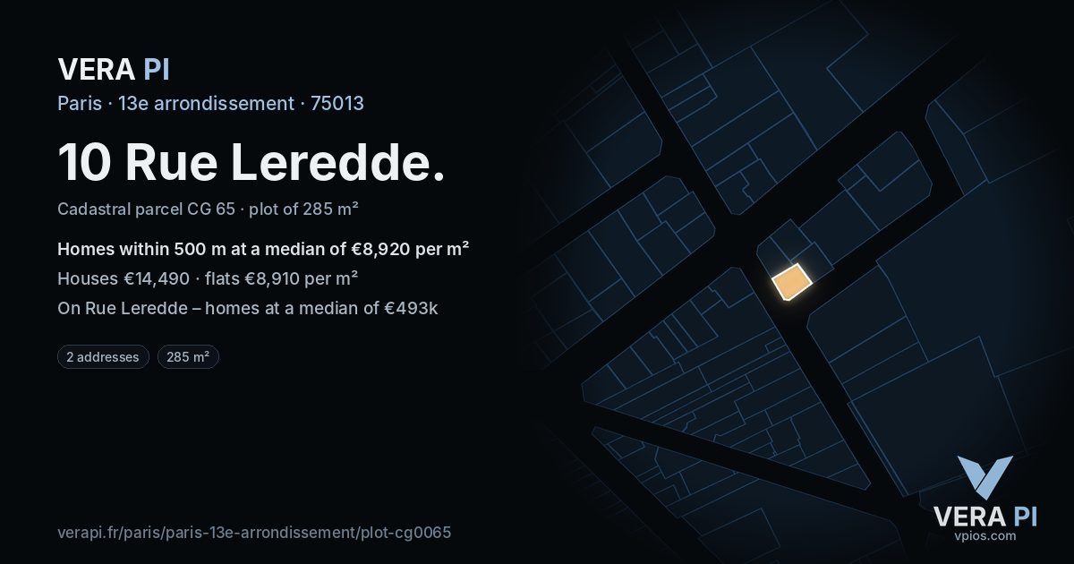 10 Rue Leredde, 13e arrondissement at night – the plot lit, the parcels around coloured by the prices near them