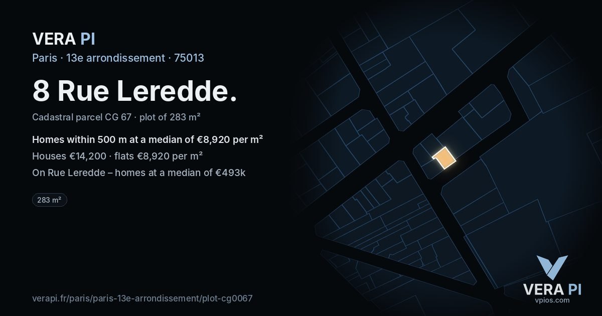 8 Rue Leredde, 13e arrondissement at night – the plot lit, the parcels around coloured by the prices near them