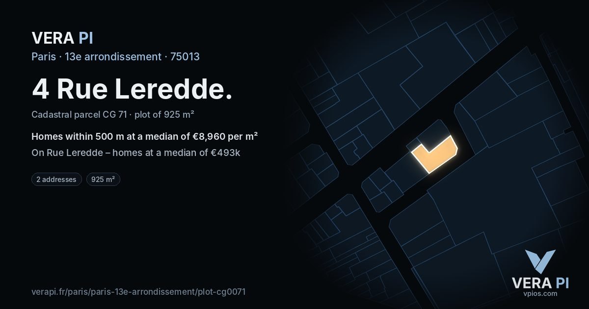 4 Rue Leredde, 13e arrondissement at night – the plot lit, the parcels around coloured by the prices near them